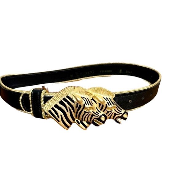 Vintage Doncaster black leather zebra heads buckle belt size medium - Picture 1 of 11